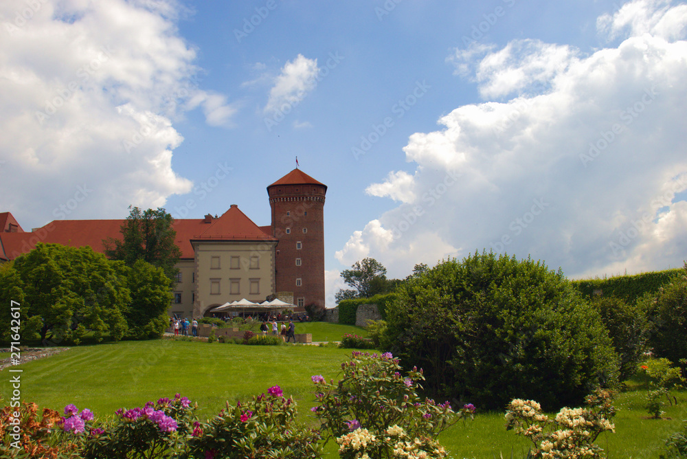 Krakow, Poland -June 1, 2019 Wawel castle. View from garden inside castle area.