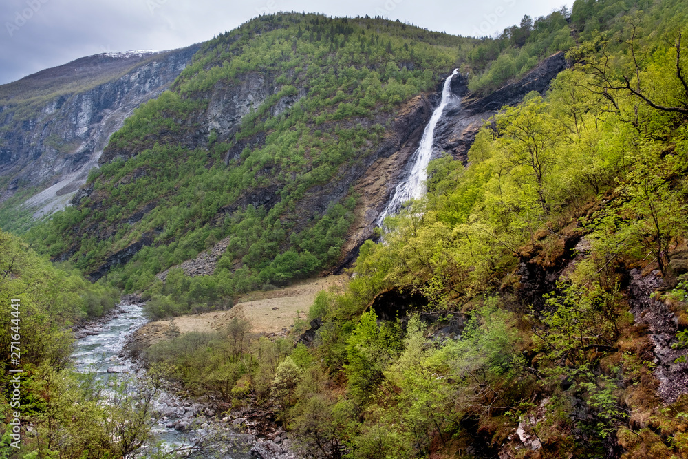 Norwegian waterfall near Vettisfossen  during a spring day with a river and forest in the foreground 