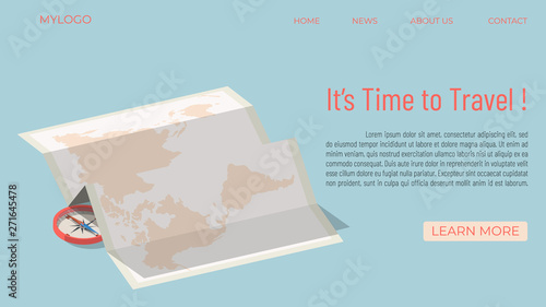 It's time to travel. World map and compass. Travel to the world. Vacation. Road trip. Tourism. Template travel web page. Trip. Travel illustration. Isometric design - vector graphics