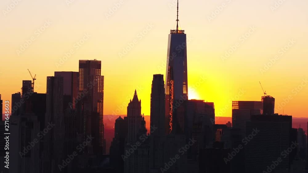 New York City sunset over One World Trade Center, aerial New York City sunset over One World Trade Center, aerial