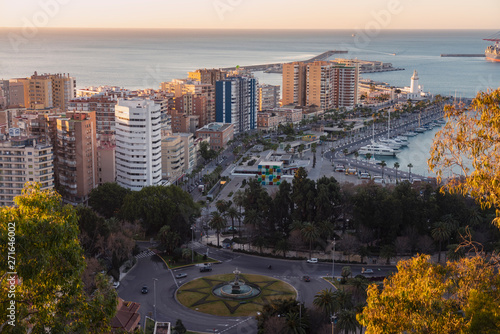 Spain, Malaga, view over the harbor and the center Pompidou by sunrise photo