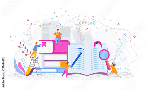 Education concept with tiny people. Flat cartoon style.