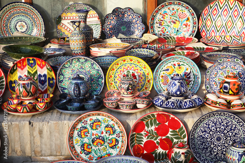 Multi colored dishware on sale in Bukhara  Uzbekistan