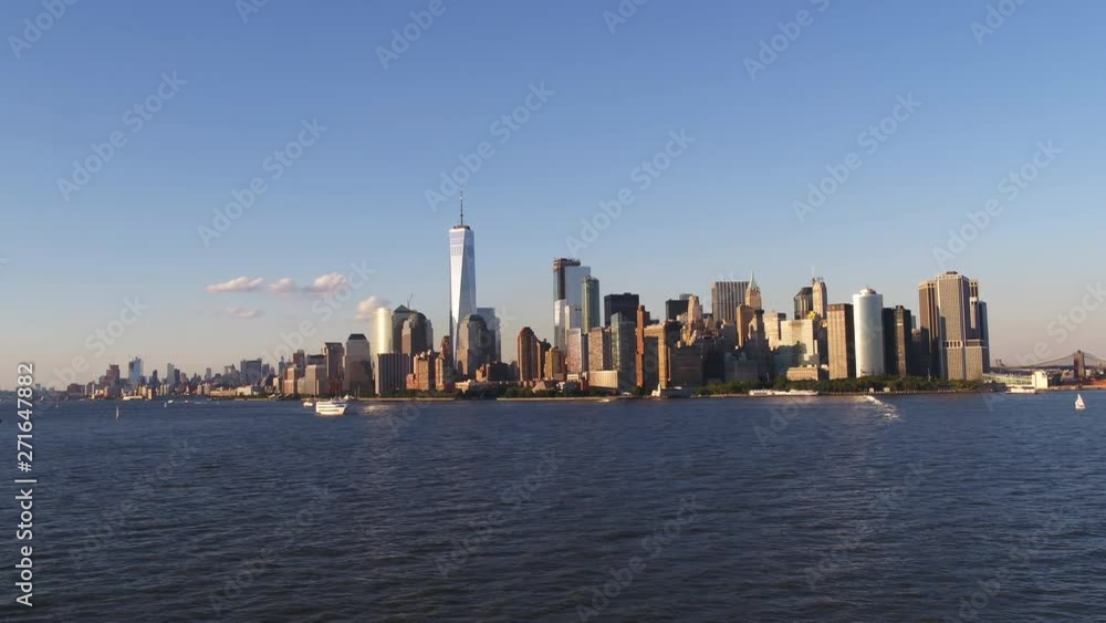 Wide aerial, view of New York City from bay Wide aerial, view of New York City from bay