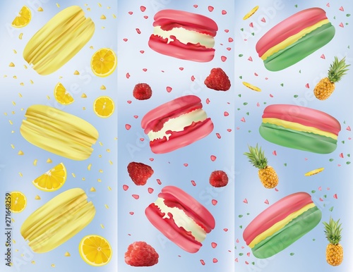 Macaroon with raspberry, lemon, pineapple in motion isolated on blue background. Sweet french macaroons close up. Falling macaroons. 3d vector illustrator