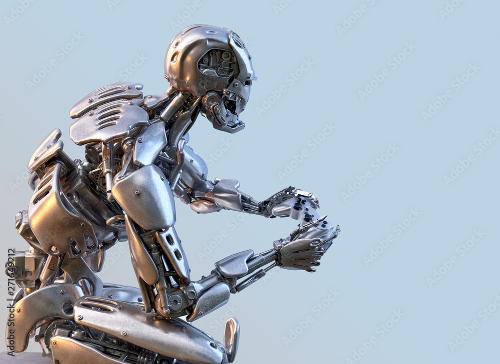 Fototapeta premium Robot holding game controller, playing the video game on the console. Gaming, technology, communication, artificial intelligence concept. 3D illustration.
