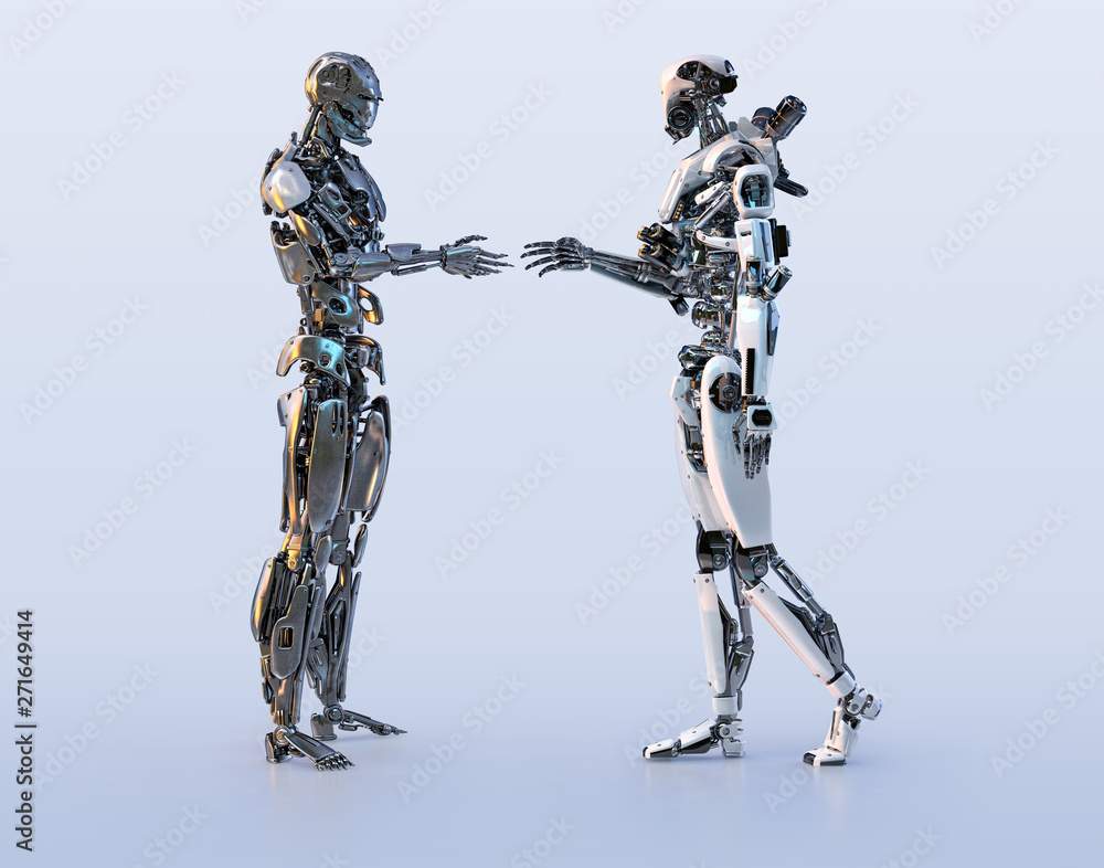Couple of modern robots making hand shake. Business, technology, communication, artificial intelligence, Futuristic scientific innovative ai element concept. 3D illustration. Couple of modern robots making hand shake. Business, technology, communication, artificial intelligence, Futuristic scientific innovative ai element concept. 3D illustration.