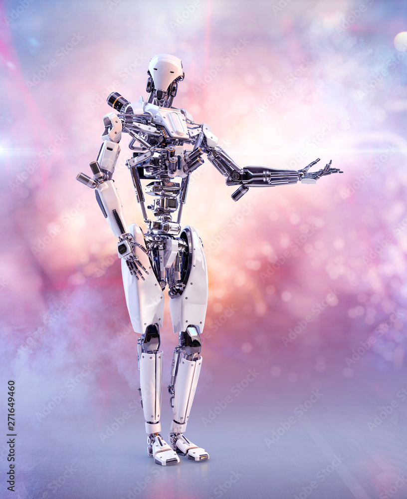 Modern Ai Humanoid Robot Cyborg Showing Something Over Robot Hand With