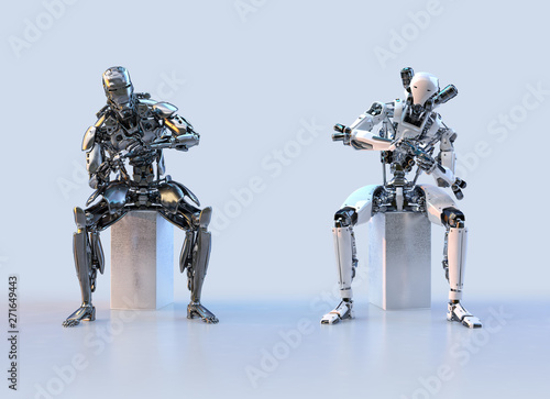 Couple of modern robots holding game controllers, playing the video game on the console. Gaming, technology, communication, artificial intelligence, future robotics concept. 3D illustration.
