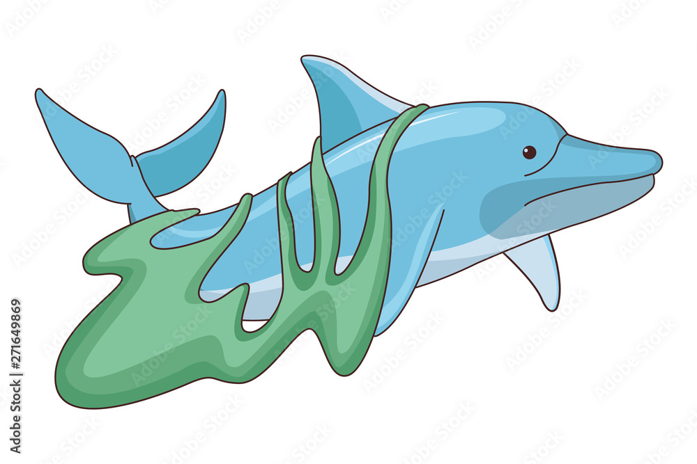 Fototapeta premium sad dolphin with a trash bag