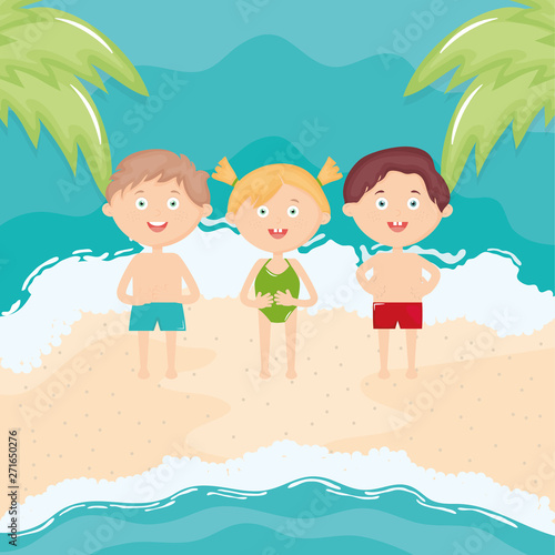 cute little kids with swimsuit on the beach characters © Stockgiu
