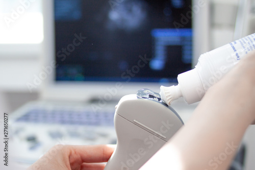 Ultrasound scanner equipmentin in clinic hospital. Diagnostics, sonography and health concept. Copyspace photo