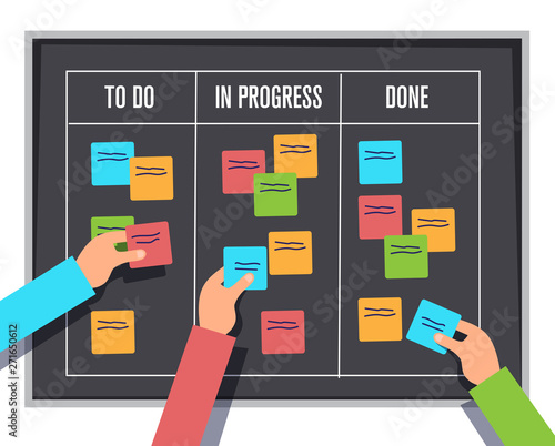 scrum management board, project process sticky note and planning notes, vector illustration photo