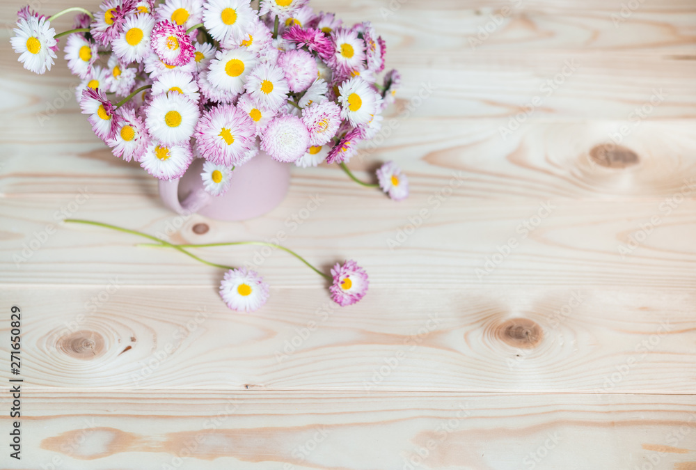 Pink Daisies Bouquet. Daisy Flowers on Wooden Background. Copy Space Pink Daisies Bouquet. Daisy Flowers on Wooden Background. Copy Space