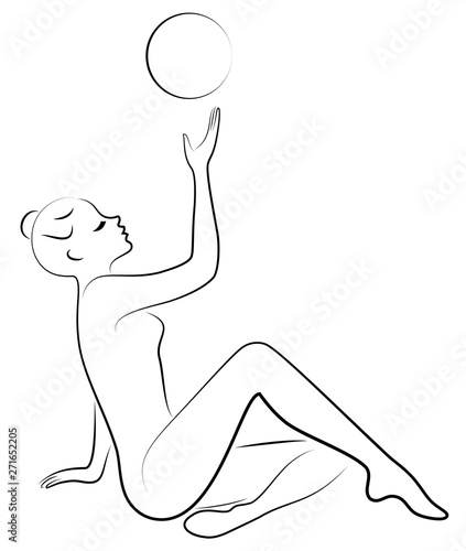 Basic RGBSilhouette of slender lady. The girl plays the ball. Female gymnast. Graphic image. Vector illustration.