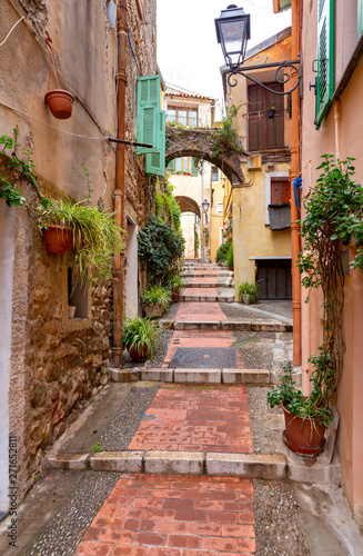 Menton. Old narrow street in the historic part of the city. © pillerss