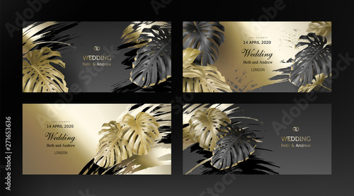 Tropical black gold monstera leaves on dark background vector set Beautiful botanical design with tropic jungle leaves, exotic plant and golden paint smear Wedding invitation card, holiday sale