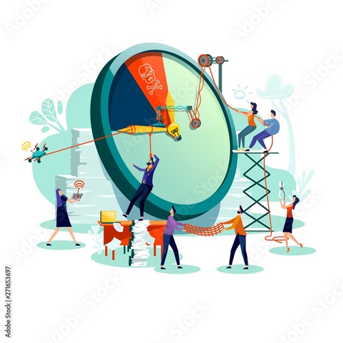 Deadline and time management business concept vector. Large watches and hurried workers pulling clock hand using rope pulley or block system, trying stop or slow down time, teamwork flat illustration