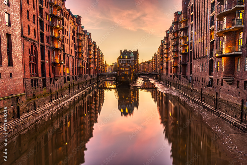 The red warehouses in the Speicherstadt in Hamburg at sunset