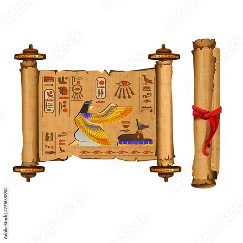 Ancient Egypt papyrus scroll cartoon vector collection with hieroglyphs and Egyptian culture religious symbols