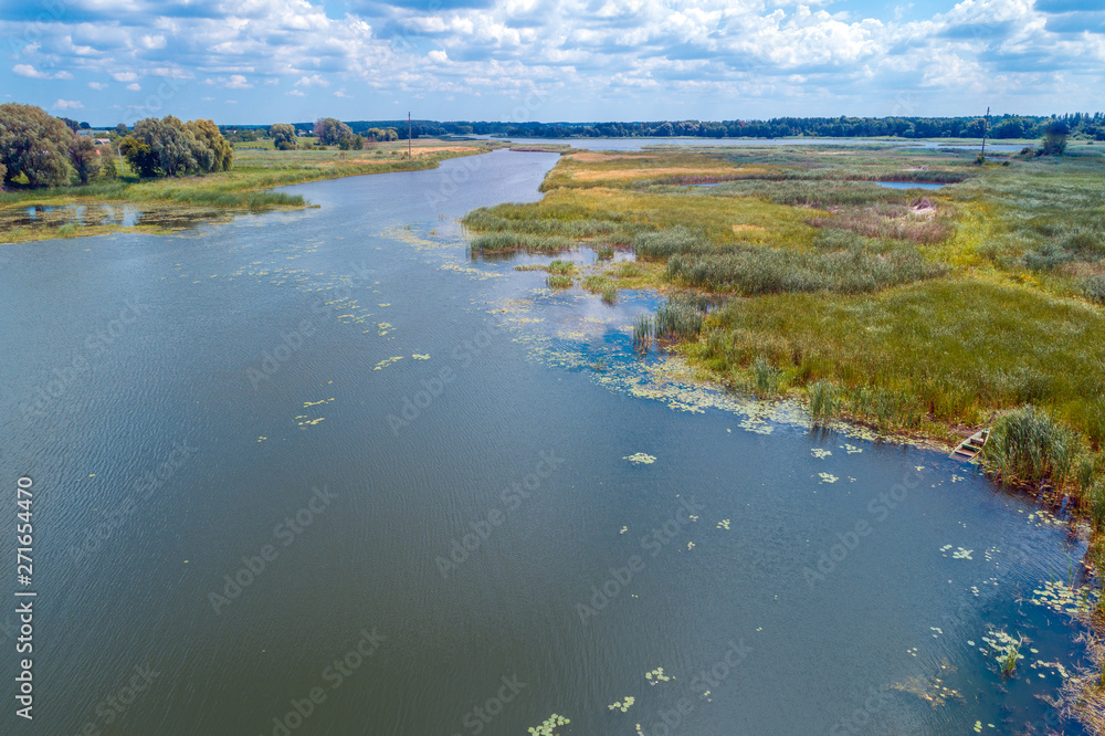 Aerial view of the river. The rural landscape on a summer sunny day