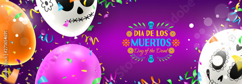 Colorful festive banner for Day of the Dead. Colorful background with realistic white and colour air balloons. Vector illustration with color garlands and confetti.