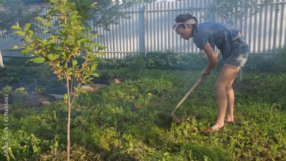 the girl the gardener removes the grass rake the girl the gardener removes the grass rake