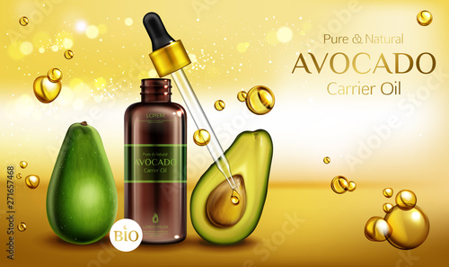 Avocado cosmetics oil. Organic beauty product bottle with pipette mockup on blurred background with oily drops. Natural bio skin care cosmetic, advertising promo template Realistic 3d vector ad banner
