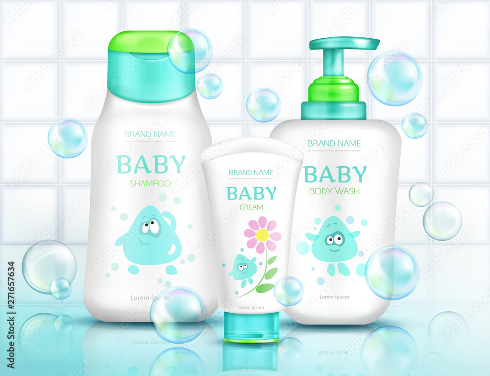 Vecteur Stock Baby cosmetics bottles with kids design and flying soap  bubbles, plastic tubes mockup of cream, shampoo, foam with cartoon  character on white bathroom tiled background Realistic 3d vector  illustration