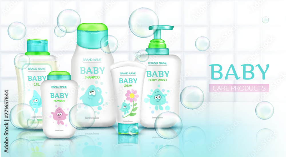 Baby care products, cosmetics bottles with kids cartoon design and flying soap bubbles, plastic tubes mockup of cream, shampoo, foam on white bathroom tiled background Realistic 3d vector illustration Baby care products, cosmetics bottles with kids cartoon design and flying soap bubbles, plastic tubes mockup of cream, shampoo, foam on white bathroom tiled background Realistic 3d vector illustration