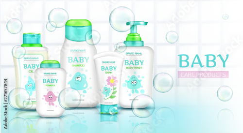 Baby care products, cosmetics bottles with kids cartoon design and flying soap bubbles, plastic tubes mockup of cream, shampoo, foam on white bathroom tiled background Realistic 3d vector illustration
