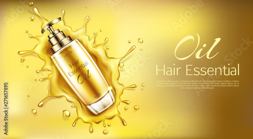 Cosmetics oil for hair essential product bottle with pomp mockup on gold background with liquid droplets splash. Beauty cosmetic advertising promo template for magazine. Realistic 3d vector ad banner