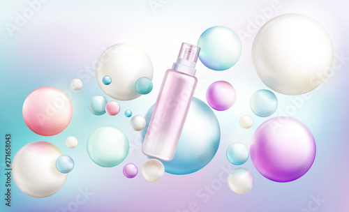 Cosmetics spray bottle mockup, beauty cosmetic tube with pump cap on rainbow defocused background with randomly flying soap bubbles or glossy spheres. Baby oil, serum. Realistic 3d vector illustration