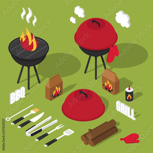 Vector set of isometric barbecue and grilled food: steak, sausage, chicken, seafood and vegetables.