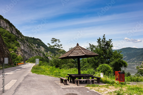 Public benches by the road in Djerdap gorge by the Danube river