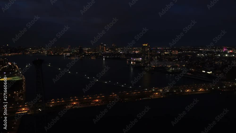Pan left aerial, Williamsburg Bridge at night Pan left aerial, Williamsburg Bridge at night