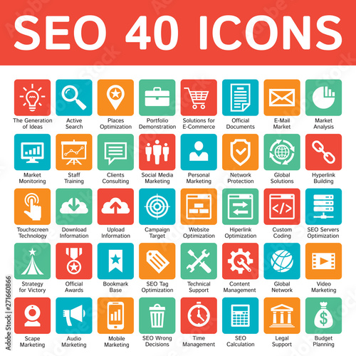 SEO 40 icons design set. Search engine optimization - concept vector sign for presentation, website, brochure. Advertising promotion.