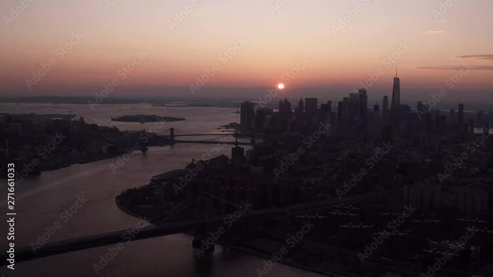 Tilt down aerial, Williamsburg Bridge at sunrise Tilt down aerial, Williamsburg Bridge at sunrise