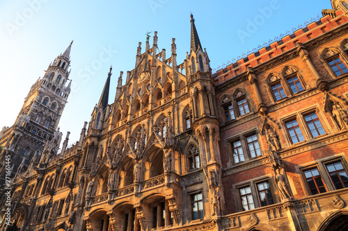Historical building of New Town Hall (Neues Rathaus - built 1874.) on Marienplatz in Munich (Munchen), Bavaria, Germany, late in the afternoon, lit by strong side lighting form setting sun.