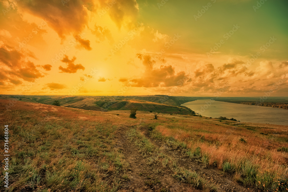 Amazing view of summer steppe with lake beautiful landscape