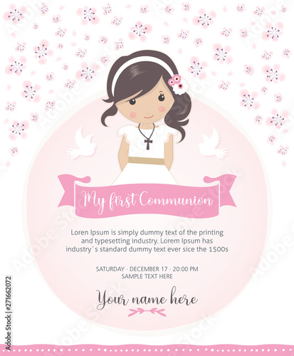 My first communion invitation. Beautiful girl with communion dress and cute flower frame