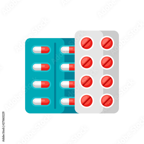 Blisters with pills icon in flat style.