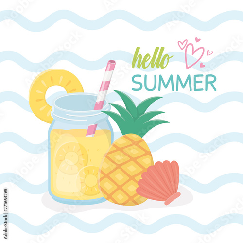hello summer poster with fresh cocktail icons