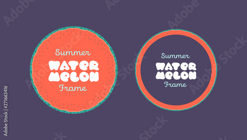 Set of vector watermelon banner. Red and green color circle fruit shape frames on black background with text field. Summer entertainment advertisment. Design for activity card, poster and fruit menu.