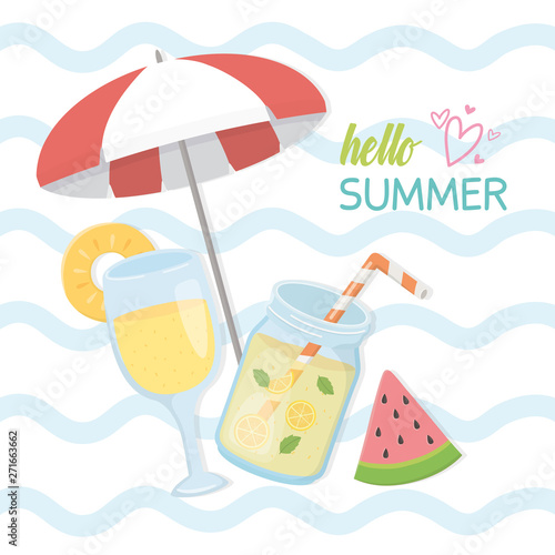 hello summer poster with fresh cocktail icons