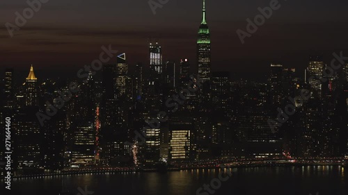 Aerial, night time skyline in New York City