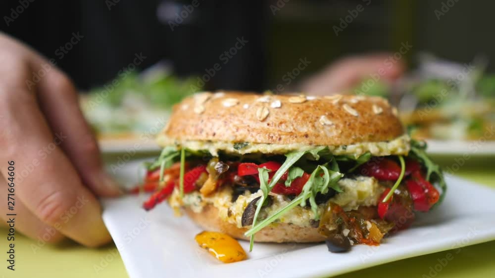 Vegan Bagel Made With Grilled Vegetables And Avocado Smash