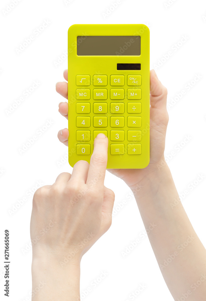 Woman counting on calculator. Isolated on white. Woman counting on calculator. Isolated on white.