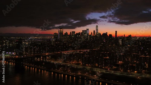 Aerial, skyscrapers in New York at night