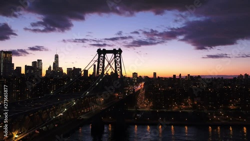 Williamsburg Bridge in New York City at night, aerial